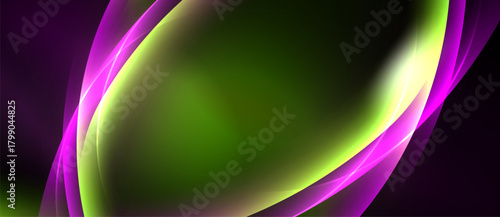 Abstract design features vibrant purple, green hues. Smooth curves create dynamic flow, contrasting dark background. Elegant, modern aesthetic.