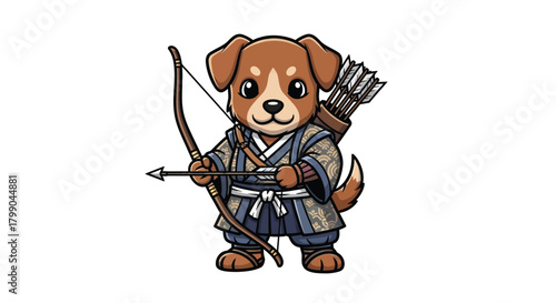 A cute cartoon dog dressed as an archer, holding a bow and arrow, ready to shoot.