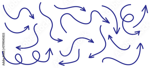 Hand drawn line arrows icons set collection. Arrow vector elements hand drawn arrows brush stroke curly arrow collection. Vector illustration isolated on white background.