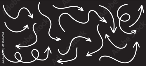 Hand drawn line arrows icons set collection. Arrow vector elements hand drawn arrows brush stroke curly arrow collection. Vector illustration isolated on white background.