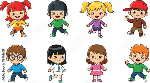 Cute cartoon children characters, diverse happy kids standing and smiling, colorful illustration set for education, school projects, posters, learning materials, design