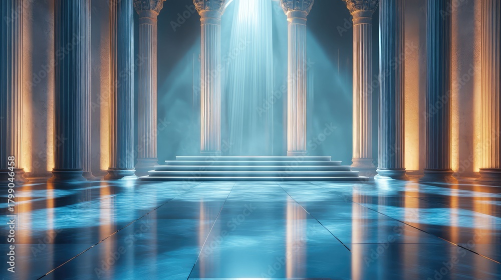 Fototapeta premium Ancient temple hall receiving divine light through misty atmosphere