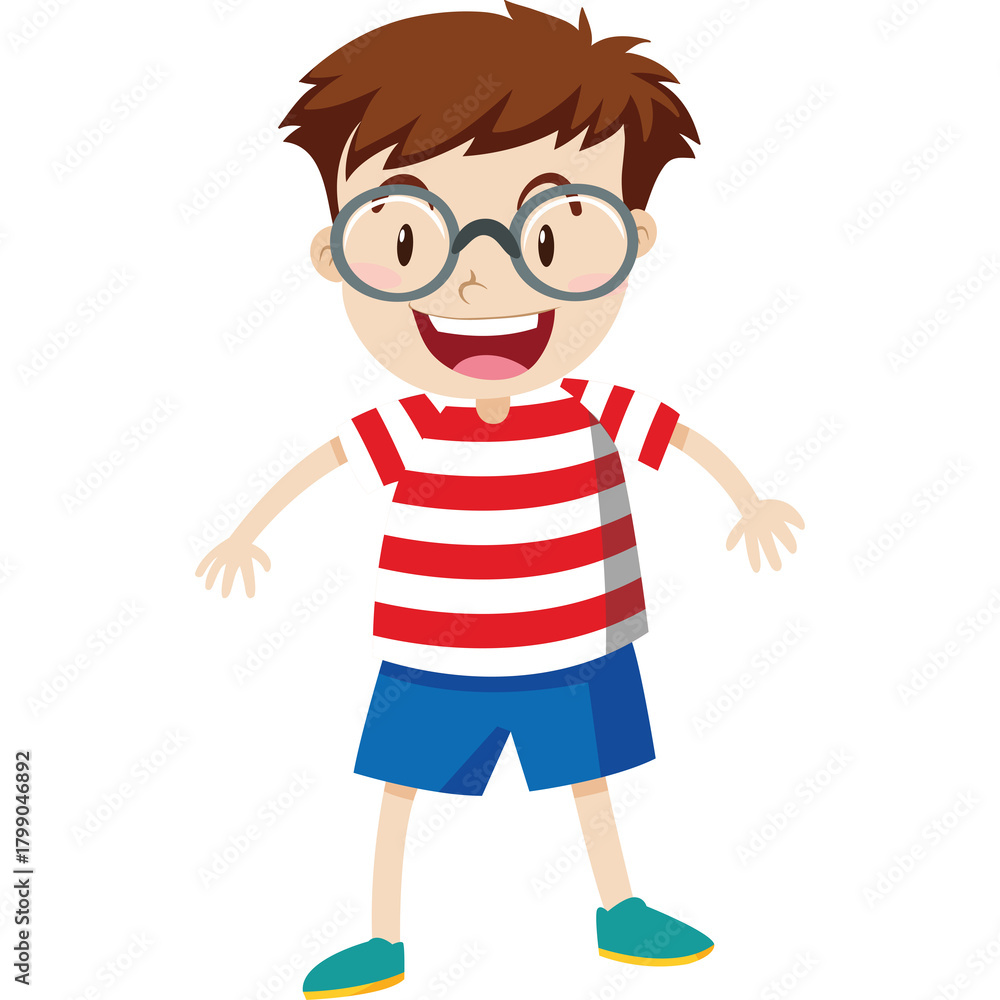 Obraz premium Happy Boy Wearing Red and White Striped T Shirt Blue Shorts and Round Glasses Standing with Arms Outstretched