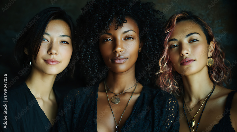 Fototapeta premium three women from diverse cultural backgrounds smiling confidently promoting inclusion diversity empowerment female unity teamwork and strong friendship