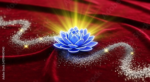 Radiant lotus blossom with shimmering trails on elegant velvet backdrop