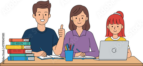 Happy Teacher and Students Studying Vector Illustration, Tutoring, Success, and Education Concept.