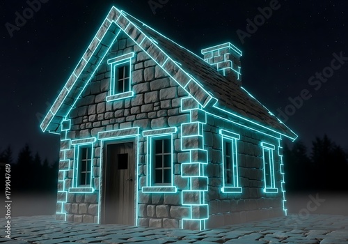 Stylized stone house with luminous edging set against a starry night