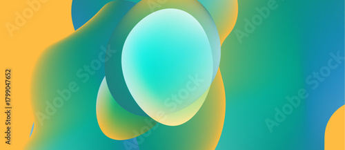 Abstract fluid shapes blend, creating vibrant orange, teal gradients. Soft lighting emphasizes smooth transitions, dynamic composition.