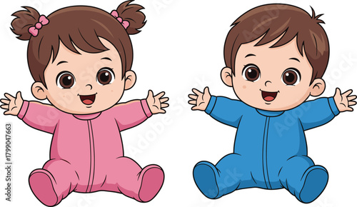 Cute cartoon baby boy and girl sitting and smiling in colorful onesies, adorable infant characters, vector illustration for nursery and children designs