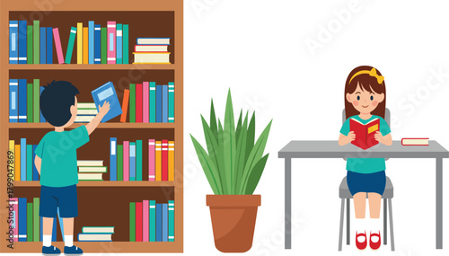 Kids Reading in Library Vector Illustration, Children Studying with Bookshelf and Desk.
