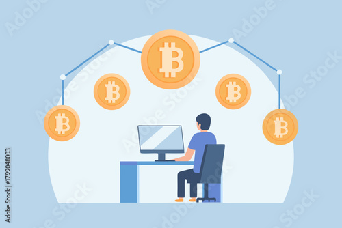 Man working on computer with bitcoin cryptocurrency coins floating around him in a digital network