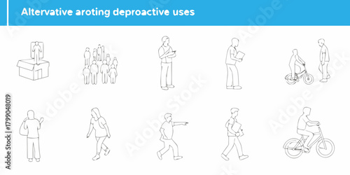 Collection of simple line drawings illustrating people in various everyday activities and situations