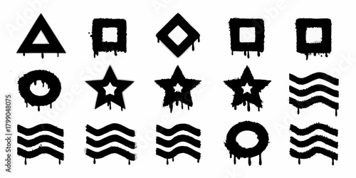 Collection of black dripping spray paint graphic shapes including triangles squares diamonds stars and waves