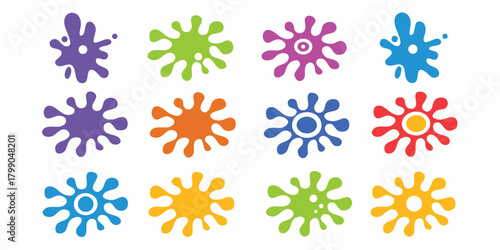 Collection of colorful abstract paint splatters and ink blots in various shapes and sizes