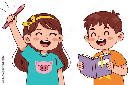 Happy School Kids Reading and Drawing Vector Illustration, Cute Cartoon Children Learning.