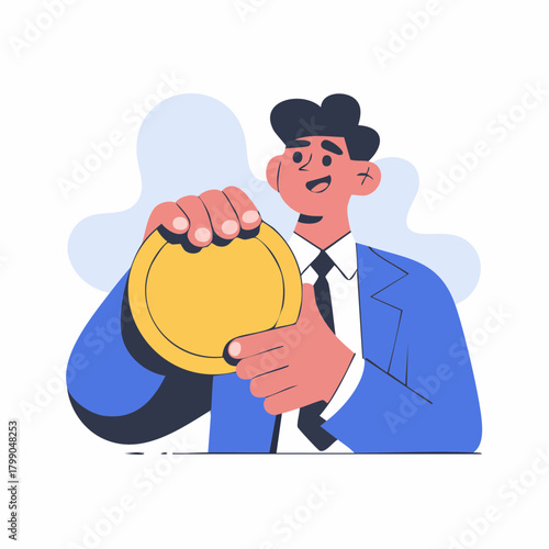 A happy businessman in a suit proudly holding a large golden coin, symbolizing financial success, investment, or a significant reward.