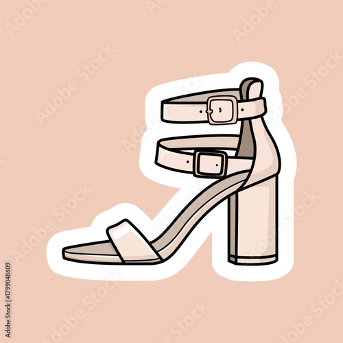 Elegant beige high-heel sandal vector sticker with double ankle straps and block heel. Perfect for fashion designs, planner stickers, boutique branding, and digital clipart sets.