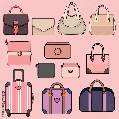 Pink and neutral travel bags purses vector sticker set