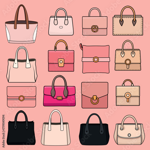 Cute pink and neutral handbag collection vector stickers