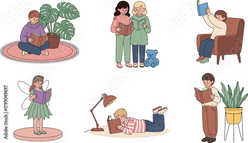 Set of People Reading Books Vector Illustration, Cozy Study and Storytelling Activity.