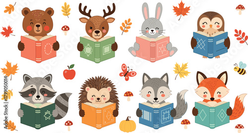 Cute Autumn Forest Animals Reading Books Vector Set, Fall Education and Storytelling Illustration.