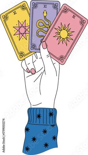 Hand Holding Tarot Cards Vector Illustration, Mystical Fortune Telling and Spirituality Concept.