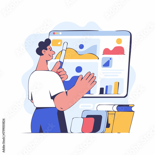 A person interacting with a digital dashboard displaying data visualizations, charts, and user interfaces, representing business analysis or content management.