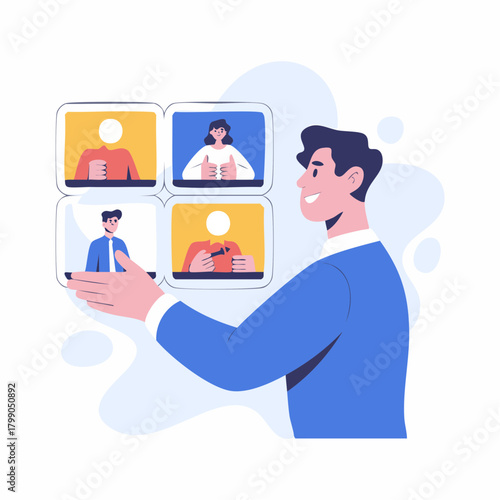 Smiling man participating in a virtual video conference call with multiple colleagues on screen.