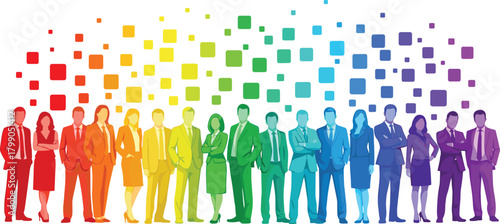 Diverse business team standing together in colorful gradient silhouettes, modern corporate professionals, teamwork collaboration concept, vibrant digital workforce illustration