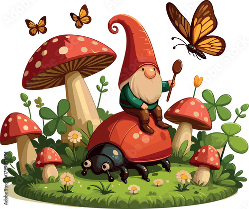 Whimsical Gnome Riding Ladybug in Enchanted Mushroom Forest
