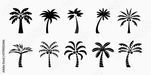 Collection of various black palm tree silhouettes on a white background