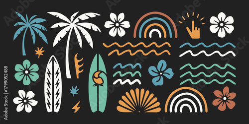Collection of tropical hawaiian beach elements including palm trees surfboards flowers waves and rainbows