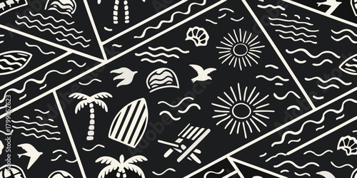 Whimsical hand drawn summer beach vacation pattern with palm trees surfboards and sun