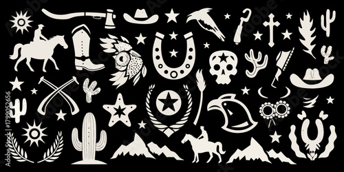 Collection of western cowboy and native american icons with desert landscape elements