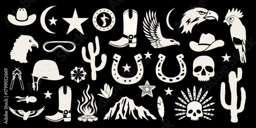 Collection of western and wild west icons and symbols in white on black background