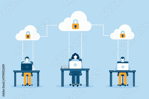 People working on laptops connected to secure cloud storage with padlocks