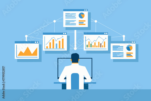 Business analyst working on computer with multiple data charts and graphs displayed on screens connected in a network