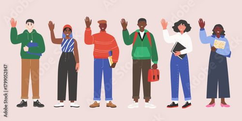 Diverse group of students waving hello holding books and backpacks ready for school or university education