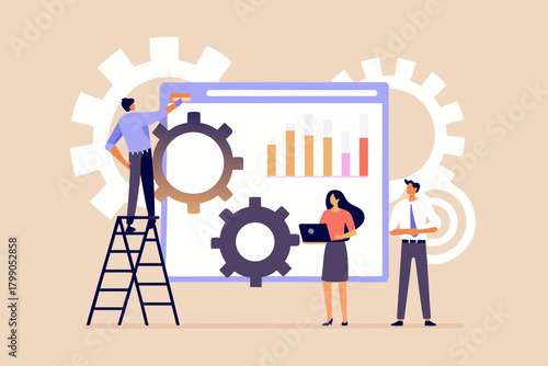 Team of professionals collaborating on a digital dashboard with charts and gears illustrating business process and data analysis