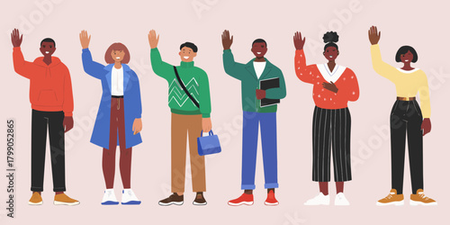 Diverse group of young adults waving hello with friendly expressions and casual modern clothing