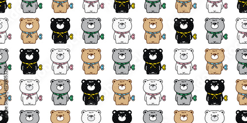 bear polar pattern seamless wind up toy doll teddy vector pet doodle cartoon gift wrapping paper tile background repeat wallpaper illustration design scarf isolated