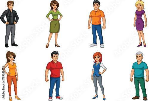 Cartoon men and women standing in casual and business outfits, diverse character set, modern people illustration collection for design, animation, and projects