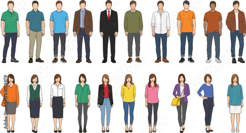 Diverse men and women standing in modern casual and business outfits, full body character set illustration for design, presentation, animation, and projects