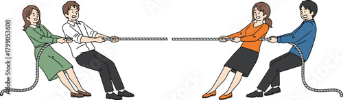 Business people competing in a tug of war, teamwork challenge illustration, group cooperation concept, competition and collaboration in workplace setting
