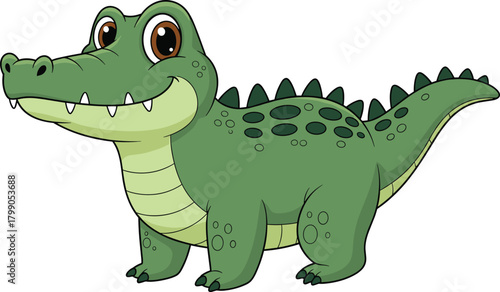 Cartoon crocodile vector illustration, cute green reptile character, smiling animal clipart, friendly alligator drawing for kids, isolated artwork
