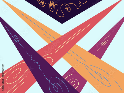Colorful intersecting triangles with swirling lines.