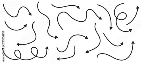 Set of hand drawn vector arrows doodle on white background. Different hand drawn arrow element collection design.