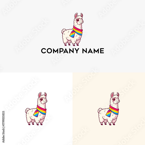 Adorable cartoon llama mascot design featuring a vibrant pansexual pride flag scarf, ideal for diverse brands, organizations, or personal use logos and graphics