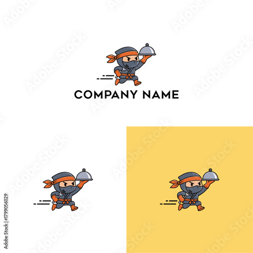 Dynamic ninja mascot delivering food, symbolizing fast and efficient restaurant or catering service for quick meal delivery and express culinary experiences