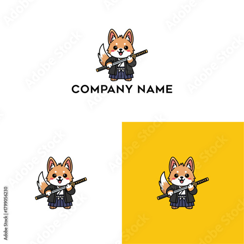 Cute cartoon fox mascot in a samurai hakama holding a sword. Adorable Japanese dog character logo for a brand, vector illustration